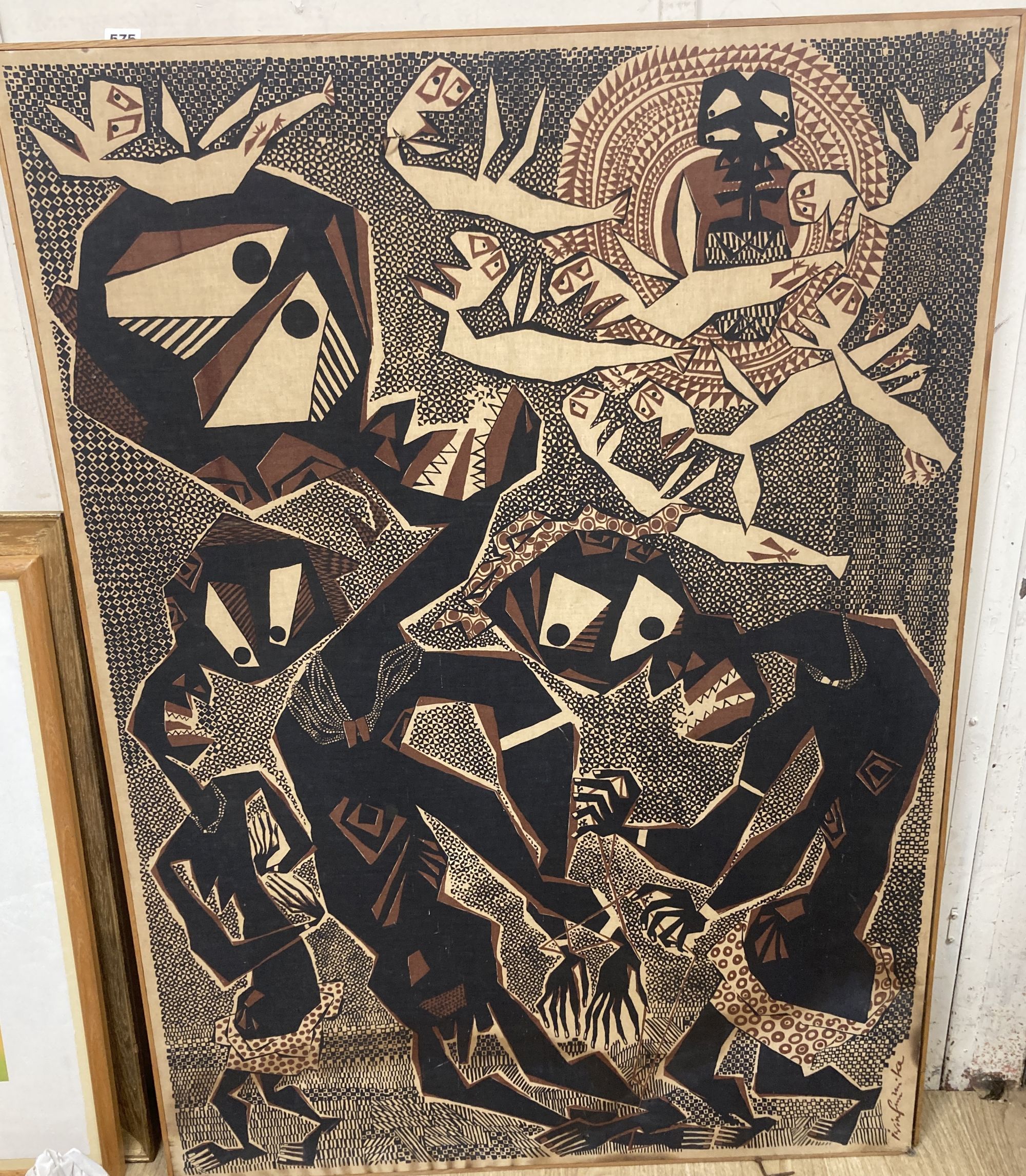 A Batik panel printed with stylised dancing figures, indistinctly signed, 122 x 88cm